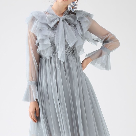 Chicwish Floral and Ruffle Bowknot Tulle Dress in Dusty Blue - Picture 1 of 7